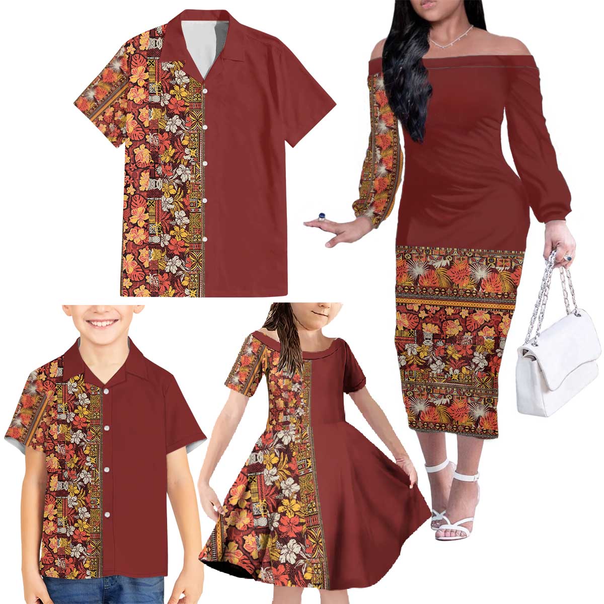 Hawaiian Tribal Elements Hibiscus Family Matching Off The Shoulder Long Sleeve Dress and Hawaiian Shirt Red Pattern LT9 - Polynesian Pride