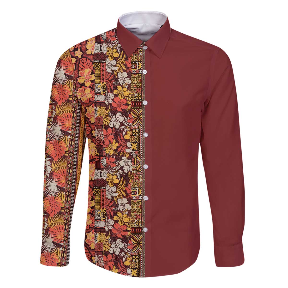 Hawaiian Tribal Elements Hibiscus Family Matching Off The Shoulder Long Sleeve Dress and Hawaiian Shirt Red Pattern LT9 Dad's Shirt - Long Sleeve Red - Polynesian Pride