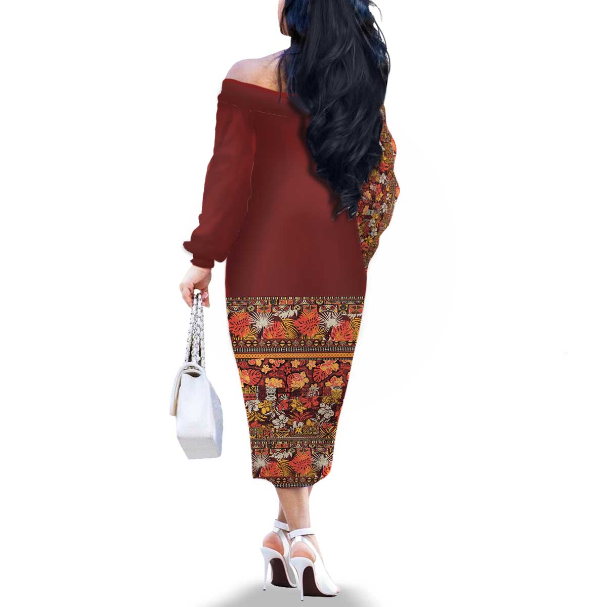 Hawaiian Tribal Elements Hibiscus Family Matching Off The Shoulder Long Sleeve Dress and Hawaiian Shirt Red Pattern LT9 - Polynesian Pride