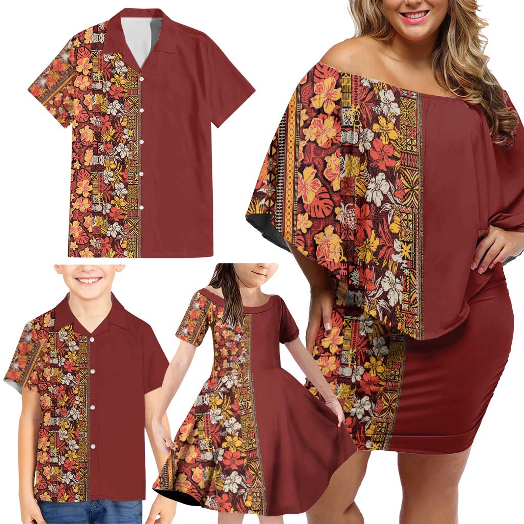 Hawaiian Tribal Elements Hibiscus Family Matching Off Shoulder Short Dress and Hawaiian Shirt Red Pattern LT9 - Polynesian Pride