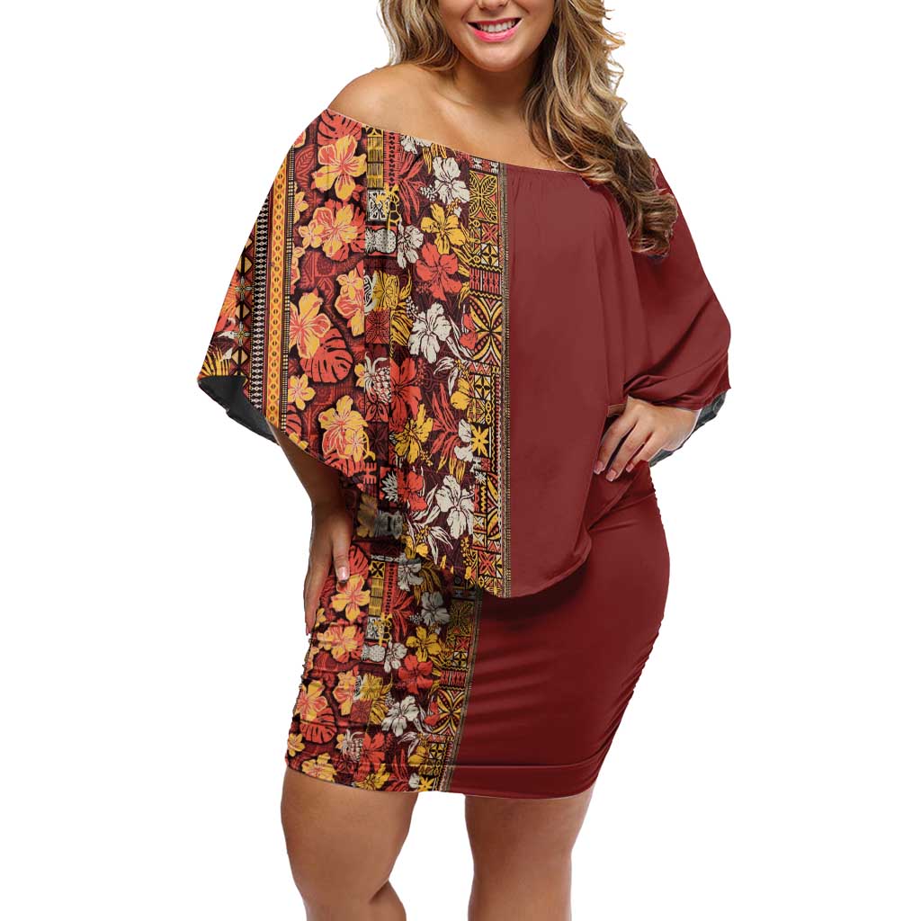 Hawaiian Tribal Elements Hibiscus Family Matching Off Shoulder Short Dress and Hawaiian Shirt Red Pattern - Polynesian Pride