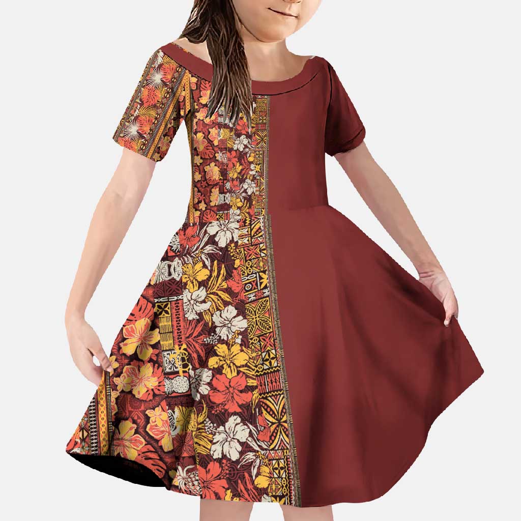 Hawaiian Tribal Elements Hibiscus Family Matching Short Sleeve Bodycon Dress and Hawaiian Shirt Red Pattern LT9 Daughter's Dress Red - Polynesian Pride