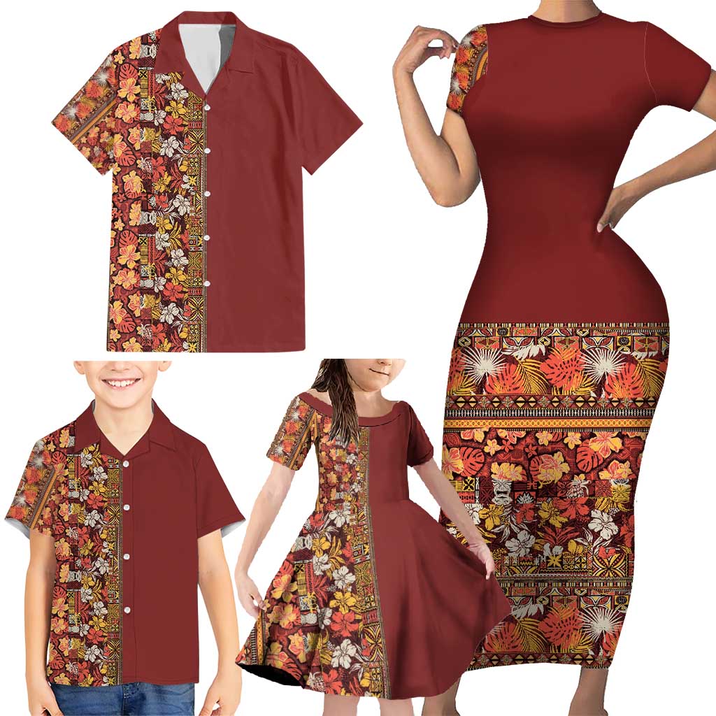 Hawaiian Tribal Elements Hibiscus Family Matching Short Sleeve Bodycon Dress and Hawaiian Shirt Red Pattern LT9 - Polynesian Pride