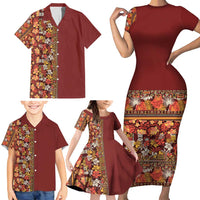 Hawaiian Tribal Elements Hibiscus Family Matching Short Sleeve Bodycon Dress and Hawaiian Shirt Red Pattern LT9 - Polynesian Pride