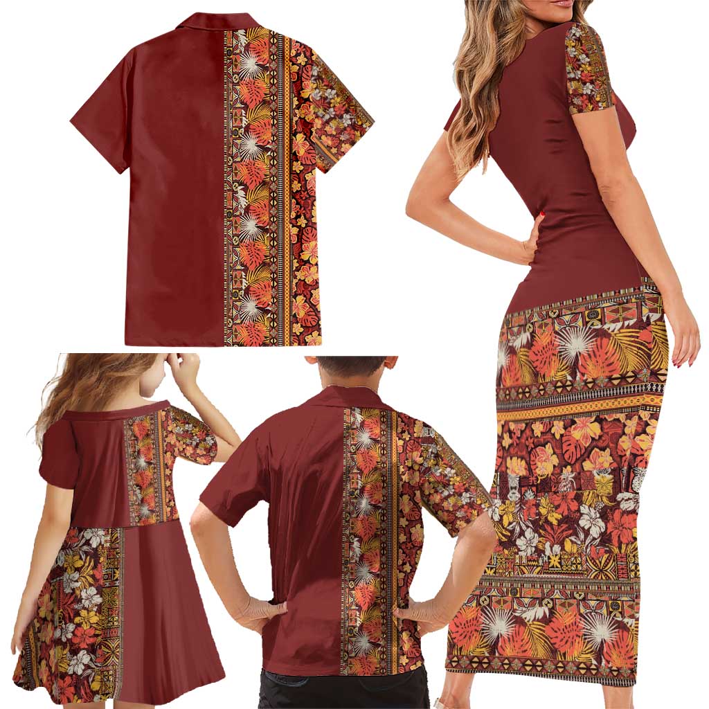 Hawaiian Tribal Elements Hibiscus Family Matching Short Sleeve Bodycon Dress and Hawaiian Shirt Red Pattern LT9 - Polynesian Pride