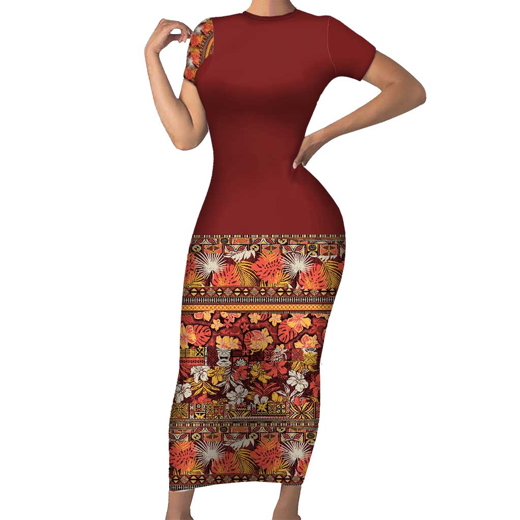 Hawaiian Tribal Elements Hibiscus Family Matching Short Sleeve Bodycon Dress and Hawaiian Shirt Red Pattern LT9 Mom's Dress Red - Polynesian Pride