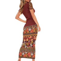 Hawaiian Tribal Elements Hibiscus Family Matching Short Sleeve Bodycon Dress and Hawaiian Shirt Red Pattern LT9 - Polynesian Pride