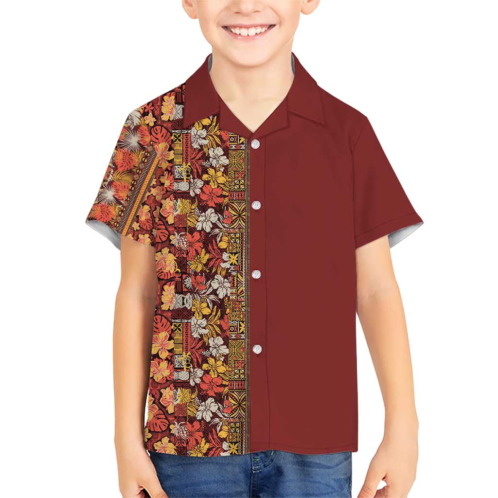 Hawaiian Tribal Elements Hibiscus Family Matching Short Sleeve Bodycon Dress and Hawaiian Shirt Red Pattern LT9 Son's Shirt Red - Polynesian Pride