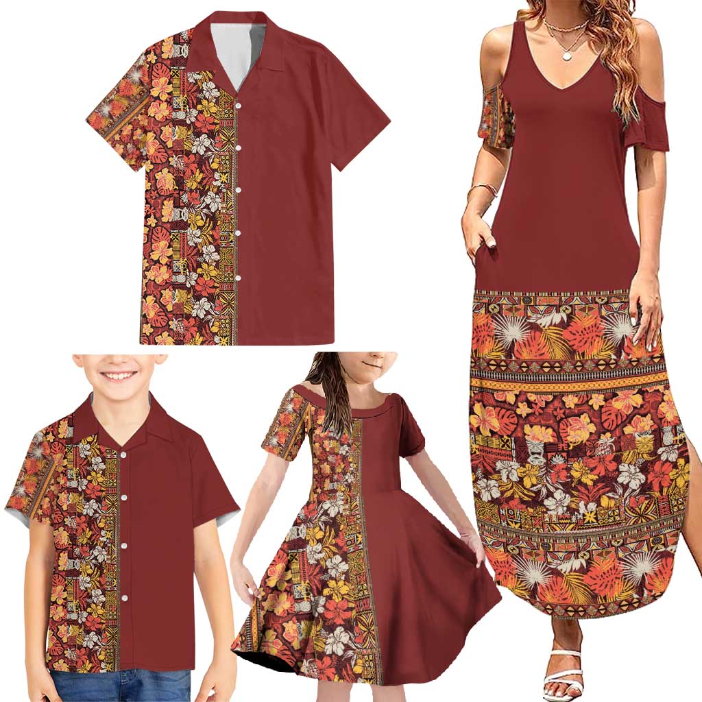 Hawaiian Tribal Elements Hibiscus Family Matching Summer Maxi Dress and Hawaiian Shirt Red Pattern LT9 - Polynesian Pride