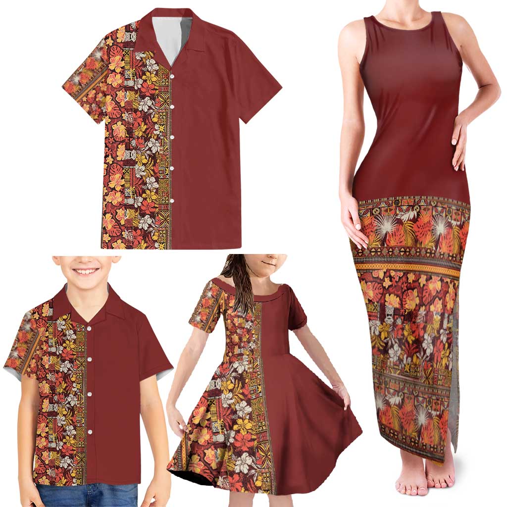 Hawaiian Tribal Elements Hibiscus Family Matching Tank Maxi Dress and Hawaiian Shirt Red Pattern LT9 - Polynesian Pride