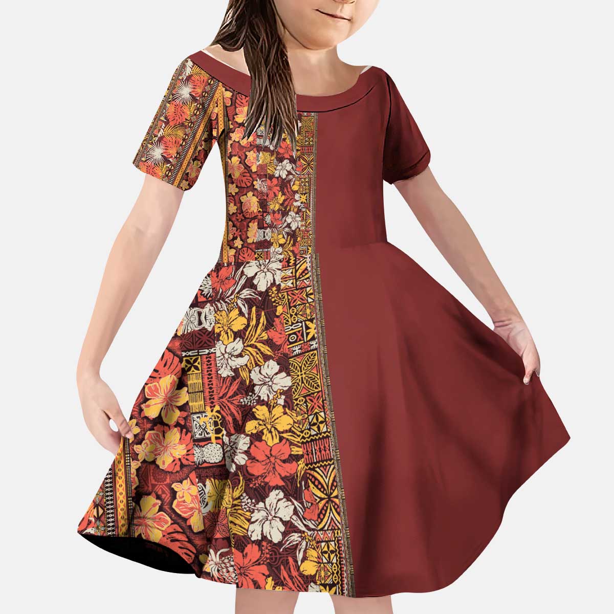 Hawaiian Tribal Elements Hibiscus Kid Short Sleeve Dress Red Pattern - Polynesian Pride