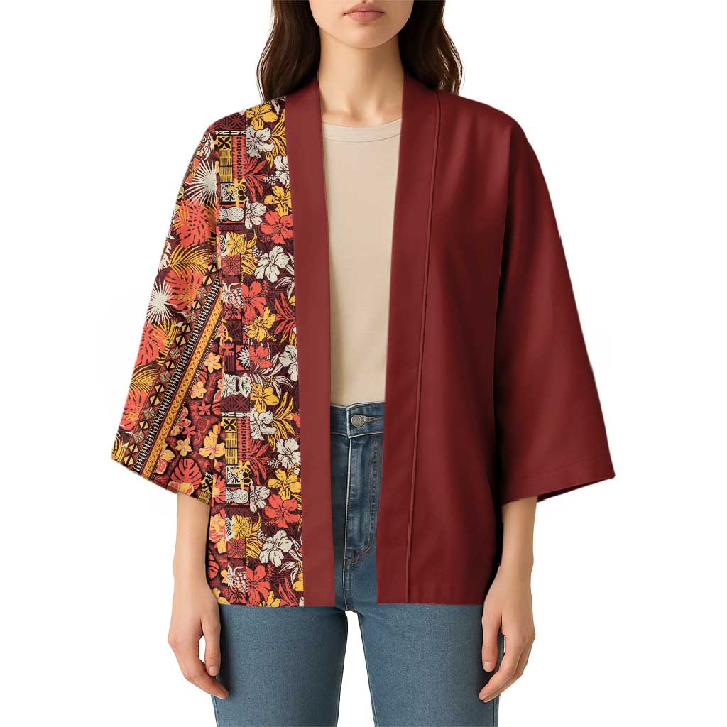 Hawaiian Tribal Elements Hibiscus Kimono Red Pattern - Polynesian Pride