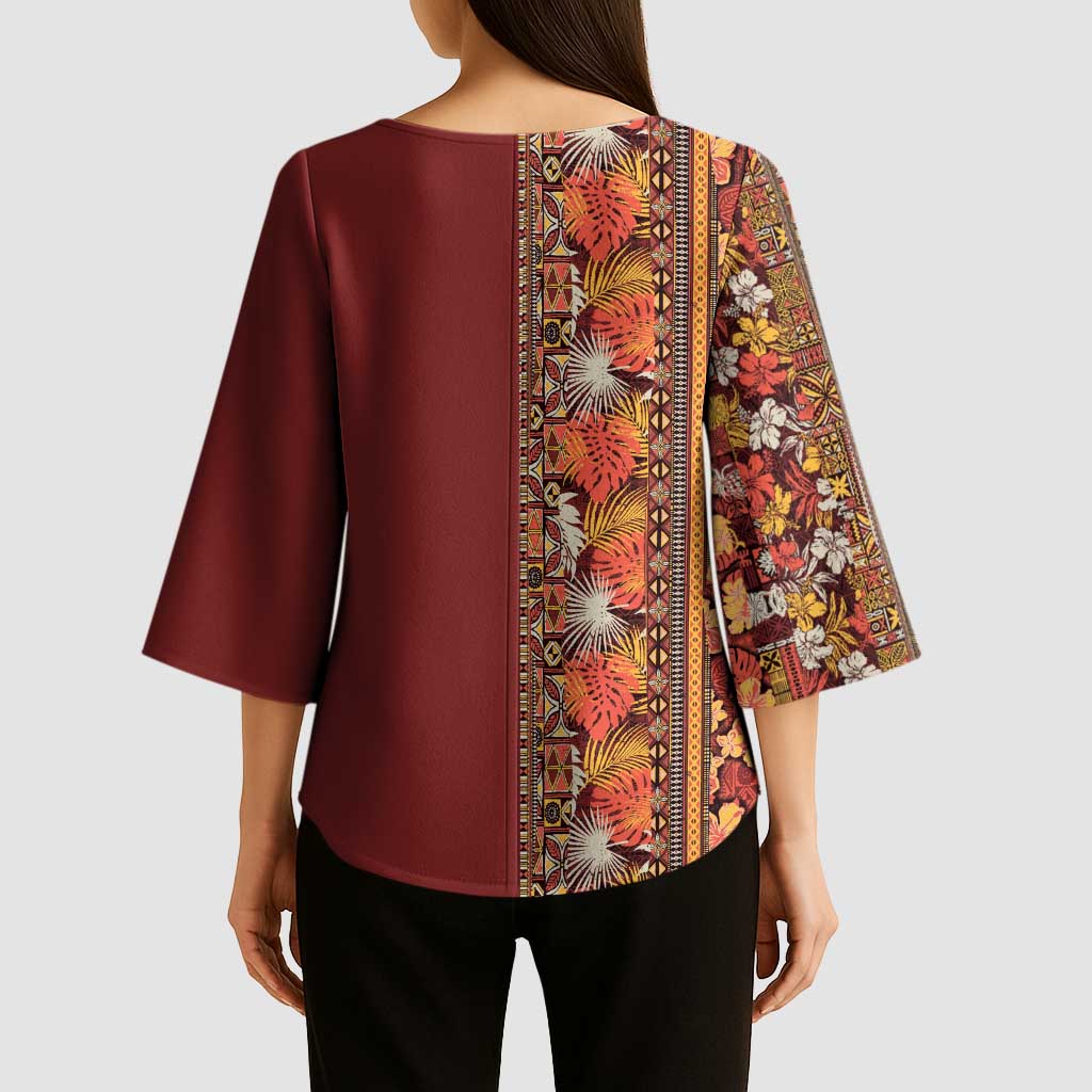 Hawaiian Tribal Elements Hibiscus Kimono Sleeve Blouse Red Pattern - Polynesian Pride