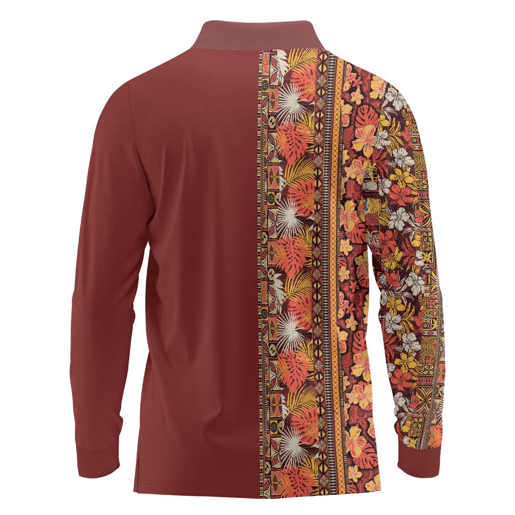 Hawaiian Tribal Elements Hibiscus Long Sleeve Polo Shirt Red Pattern - Polynesian Pride