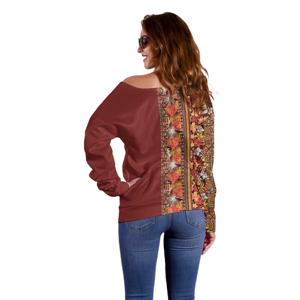 Hawaiian Tribal Elements Hibiscus Off Shoulder Sweater Red Pattern - Polynesian Pride