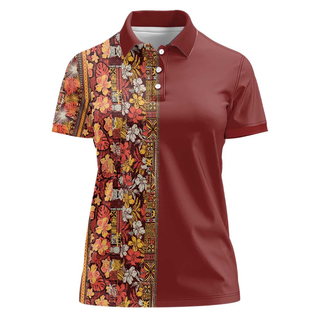 Hawaiian Tribal Elements Hibiscus Women Polo Shirt Red Pattern - Polynesian Pride