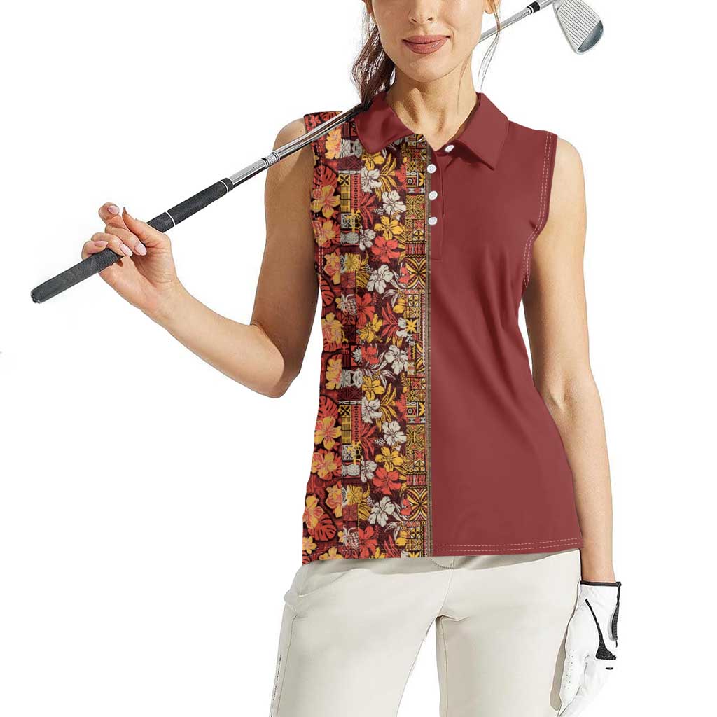 Hawaiian Tribal Elements Hibiscus Women Sleeveless Polo Shirt Red Pattern - Polynesian Pride