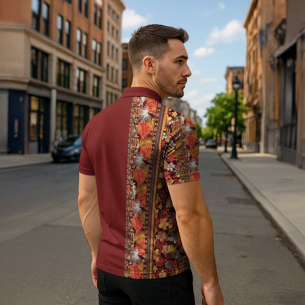 Hawaiian Tribal Elements Hibiscus Zipper Polo Shirt Red Pattern - Polynesian Pride