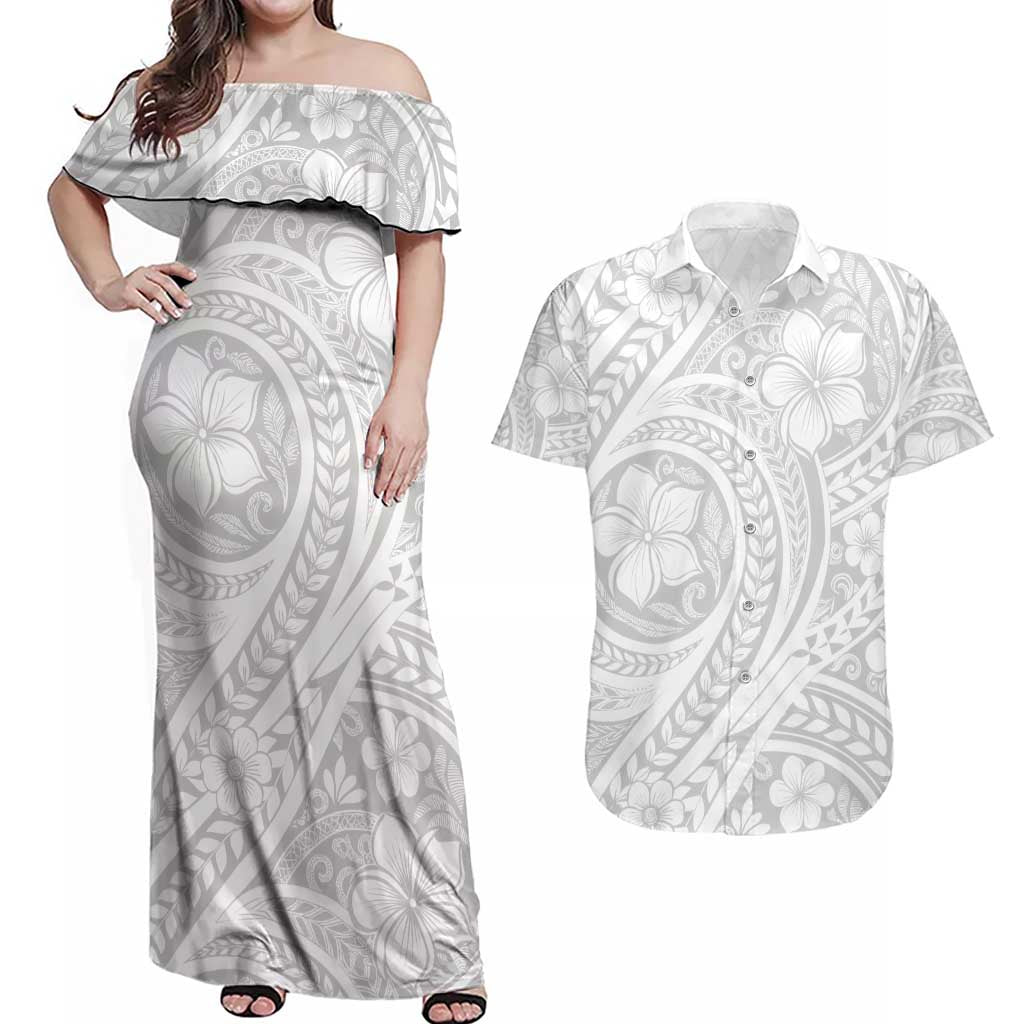 Lotu Tamaiti Samoan Polynesian Tribal Couples Matching Off Shoulder Maxi Dress and Hawaiian Shirt LT9 White - Polynesian Pride