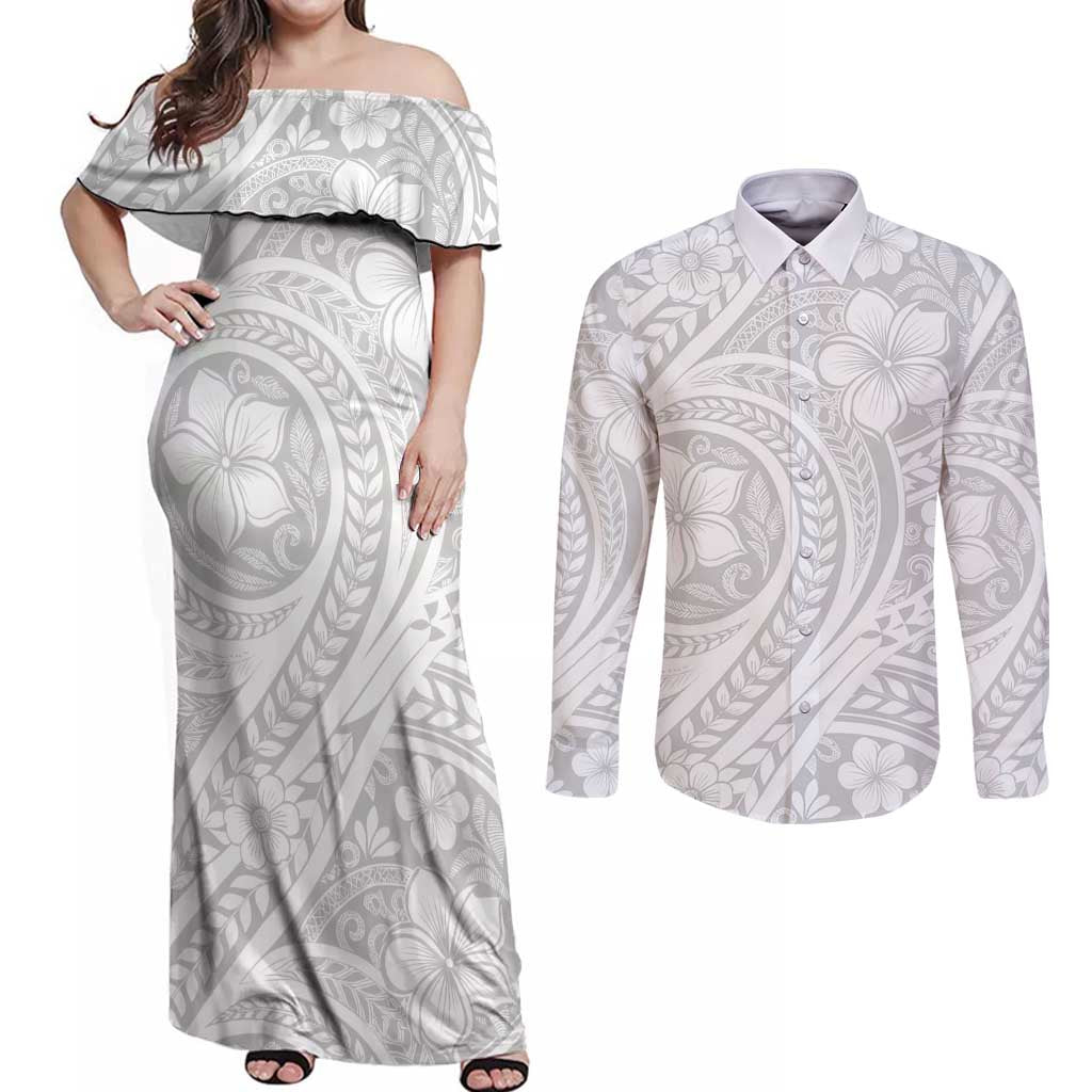 Lotu Tamaiti Samoan Polynesian Tribal Couples Matching Off Shoulder Maxi Dress and Long Sleeve Button Shirt LT9 White - Polynesian Pride