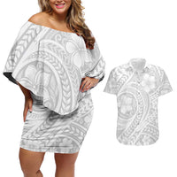 Lotu Tamaiti Samoan Polynesian Tribal Couples Matching Off Shoulder Short Dress and Hawaiian Shirt LT9 White - Polynesian Pride