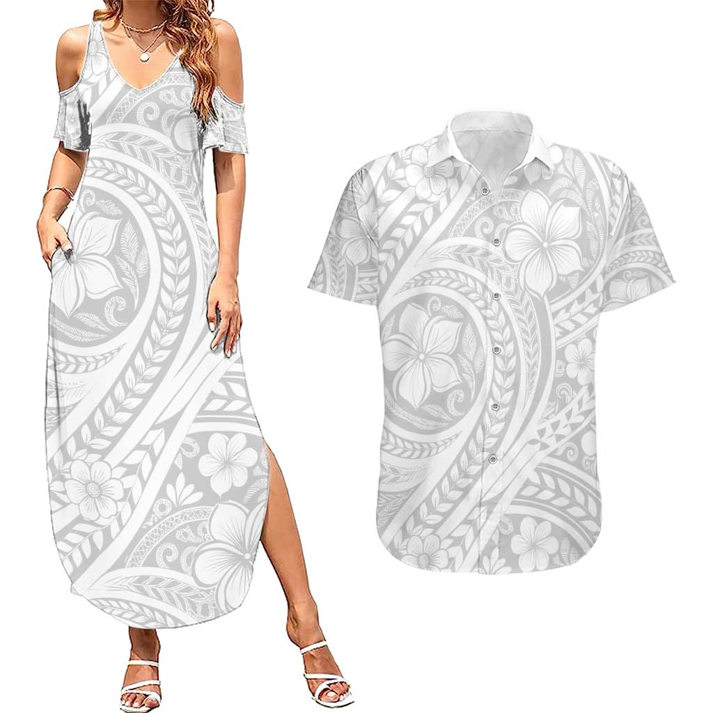 Lotu Tamaiti Samoan Polynesian Tribal Couples Matching Summer Maxi Dress and Hawaiian Shirt LT9 White - Polynesian Pride