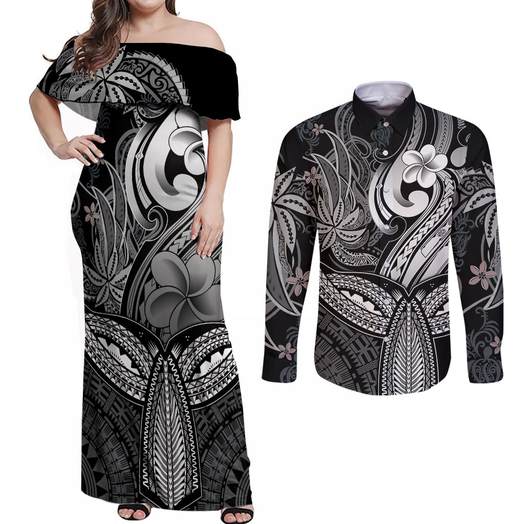 Polynesia Couples Matching Off Shoulder Maxi Dress and Long Sleeve Button Shirts Whale Tale and Polynesian Sunset Plumeria Black LT9 Black - Polynesian Pride