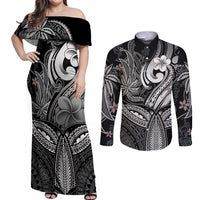 Polynesia Couples Matching Off Shoulder Maxi Dress and Long Sleeve Button Shirts Whale Tale and Polynesian Sunset Plumeria Black LT9 Black - Polynesian Pride