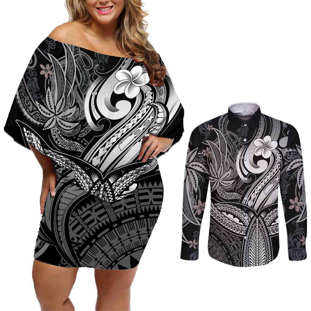 Polynesia Couples Matching Off Shoulder Short Dress and Long Sleeve Button Shirts Whale Tale and Polynesian Sunset Plumeria Black LT9 Black - Polynesian Pride