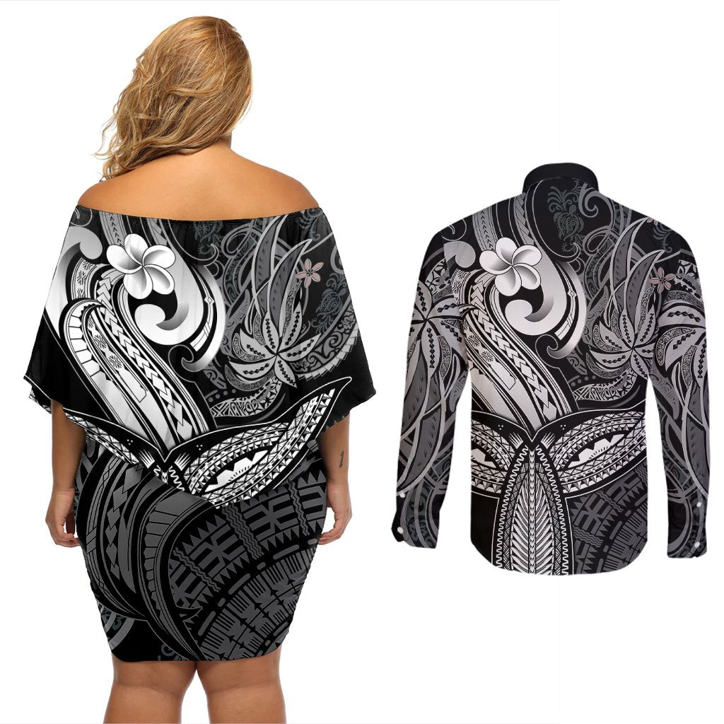 Polynesia Couples Matching Off Shoulder Short Dress and Long Sleeve Button Shirts Whale Tale and Polynesian Sunset Plumeria Black LT9 - Polynesian Pride
