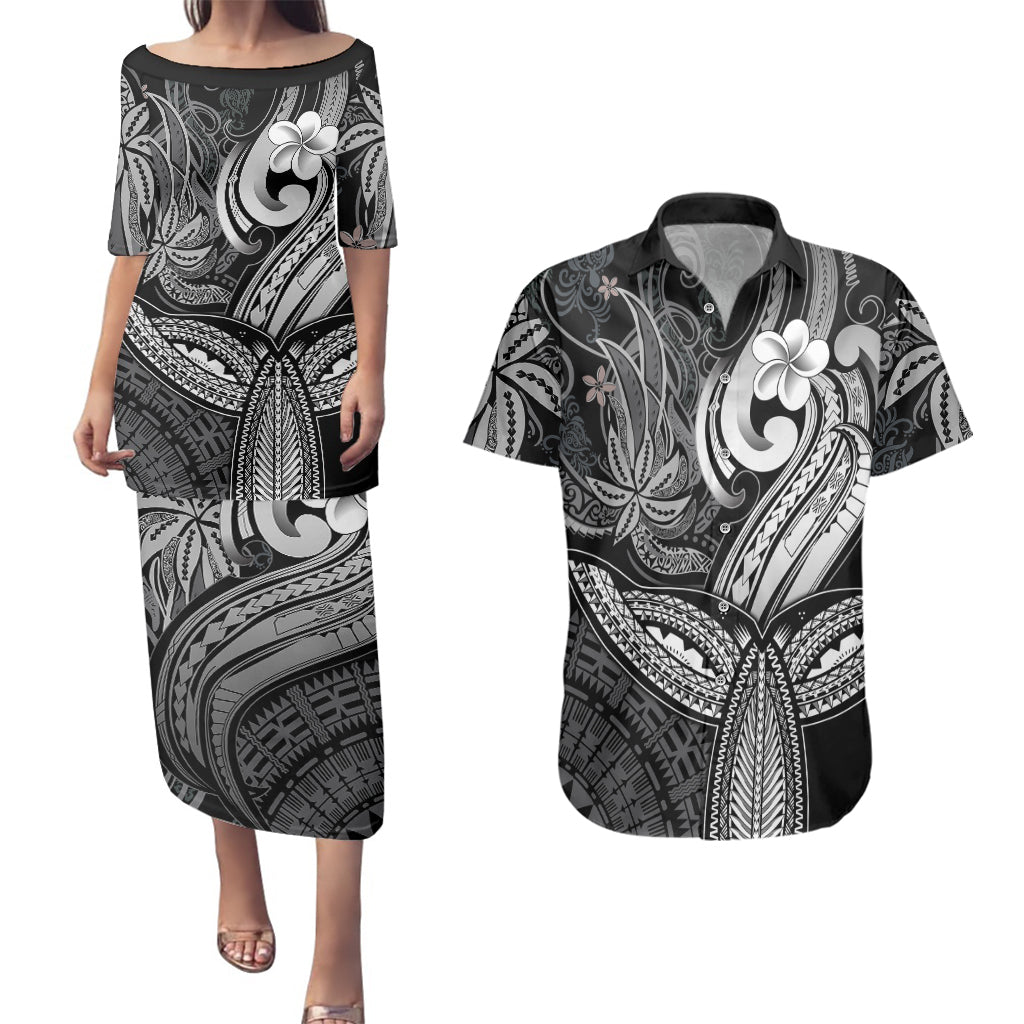 Polynesia Couples Matching Puletasi Dress and Hawaiian Shirt Whale Tale and Polynesian Sunset Plumeria Black LT9 Black - Polynesian Pride
