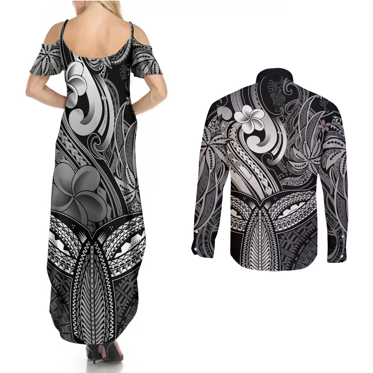 Polynesia Couples Matching Summer Maxi Dress and Long Sleeve Button Shirts Whale Tale and Polynesian Sunset Plumeria Black LT9 - Polynesian Pride