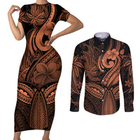 Polynesia Couples Matching Short Sleeve Bodycon Dress and Long Sleeve Button Shirts Whale Tale and Polynesian Sunset Plumeria Gold LT9 Gold - Polynesian Pride