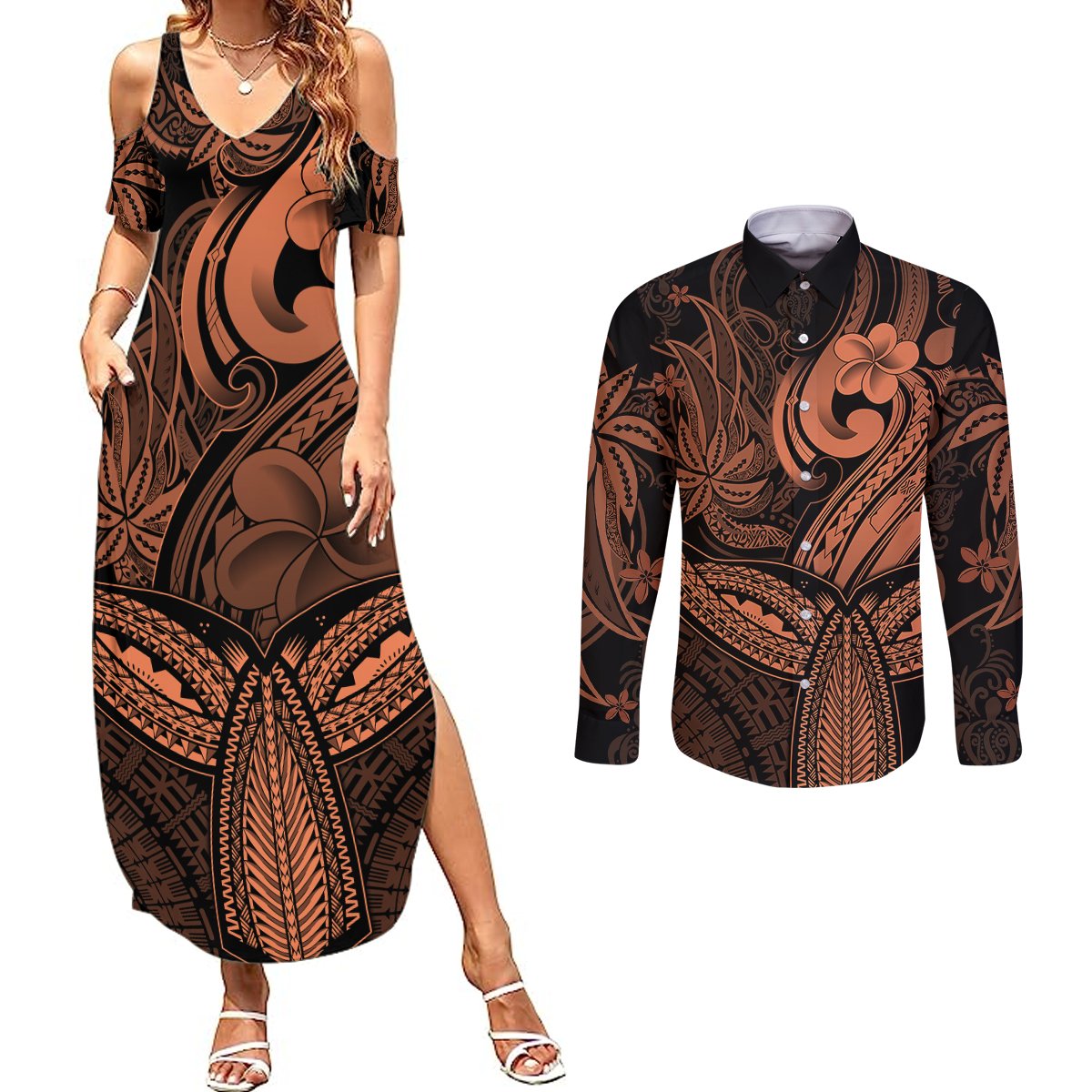 Polynesia Couples Matching Summer Maxi Dress and Long Sleeve Button Shirts Whale Tale and Polynesian Sunset Plumeria Gold LT9 Gold - Polynesian Pride