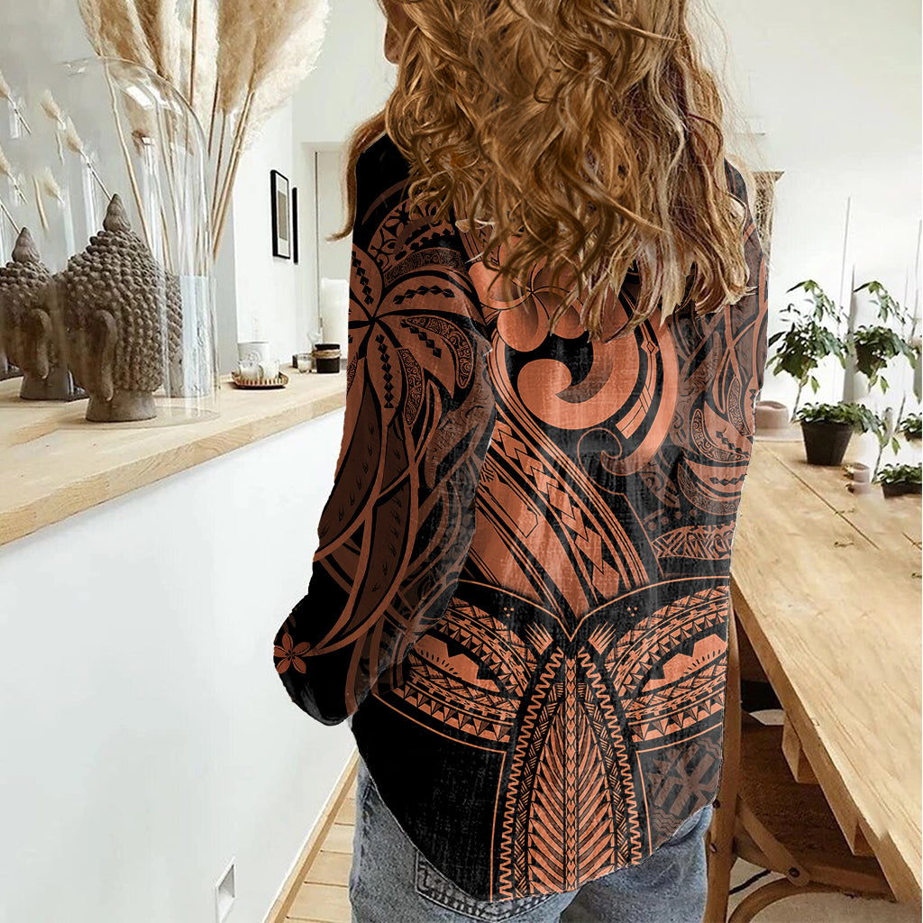 Polynesia Women Casual Shirt Whale Tale and Polynesian Sunset Plumeria Gold LT9 - Polynesian Pride