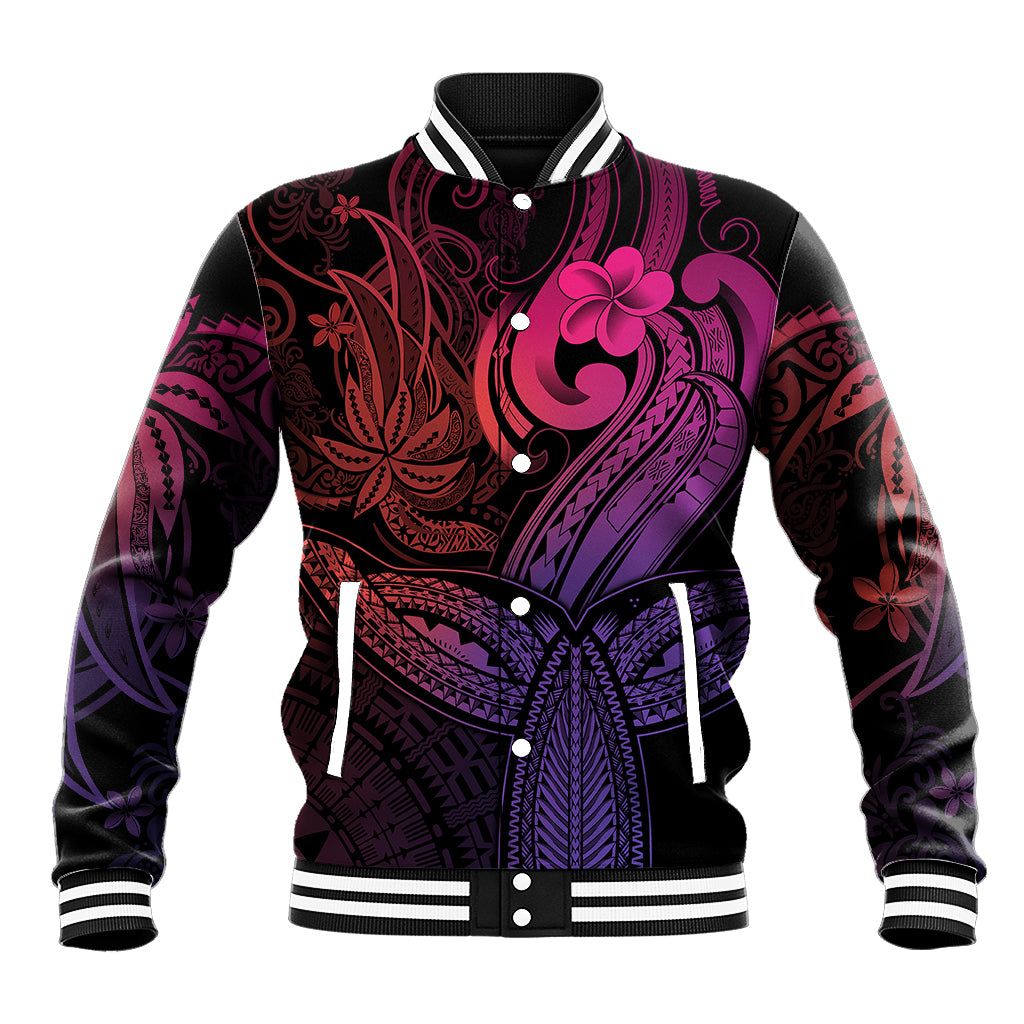 Polynesia Baseball Jacket Whale Tale and Polynesian Sunset Plumeria Pink LT9 Unisex Pink - Polynesian Pride