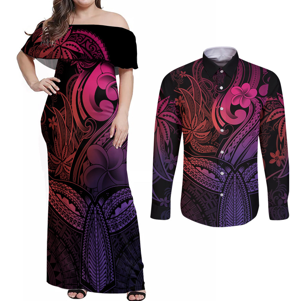 Polynesia Couples Matching Off Shoulder Maxi Dress and Long Sleeve Button Shirts Whale Tale and Polynesian Sunset Plumeria Pink LT9 Pink - Polynesian Pride