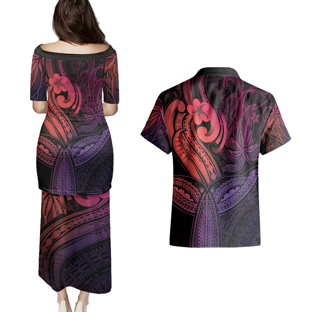 Polynesia Couples Matching Puletasi Dress and Hawaiian Shirt Whale Tale and Polynesian Sunset Plumeria Pink LT9 - Polynesian Pride