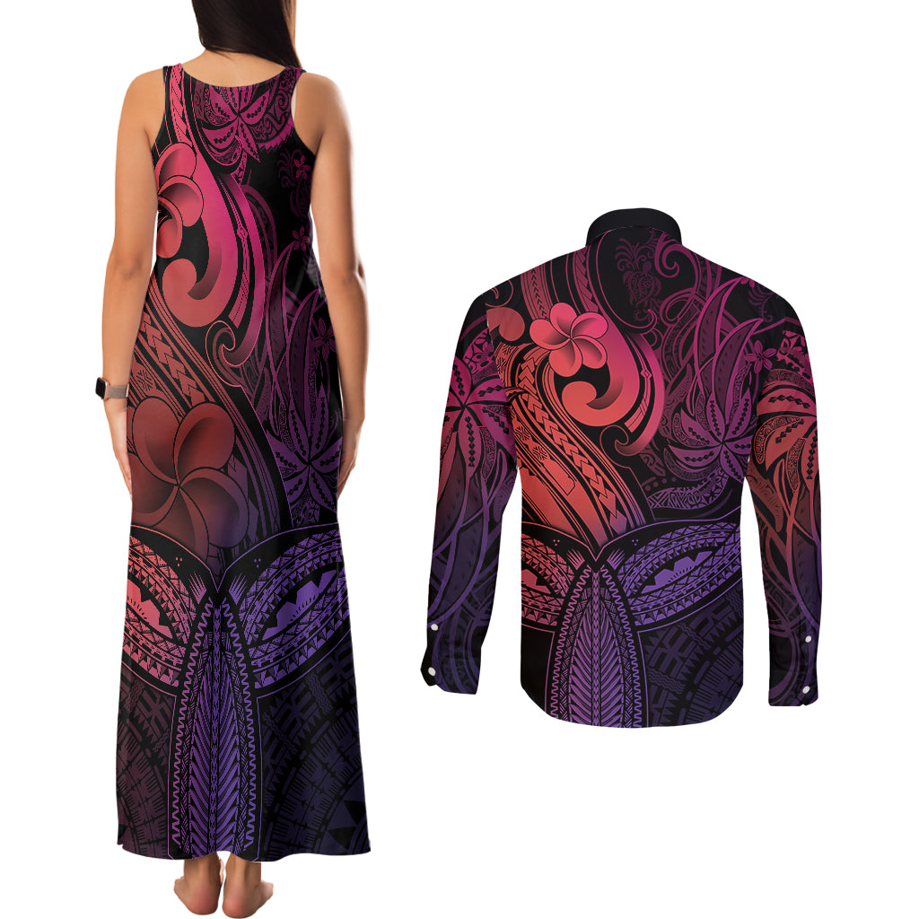 Polynesia Couples Matching Tank Maxi Dress and Long Sleeve Button Shirts Whale Tale and Polynesian Sunset Plumeria Pink LT9 - Polynesian Pride