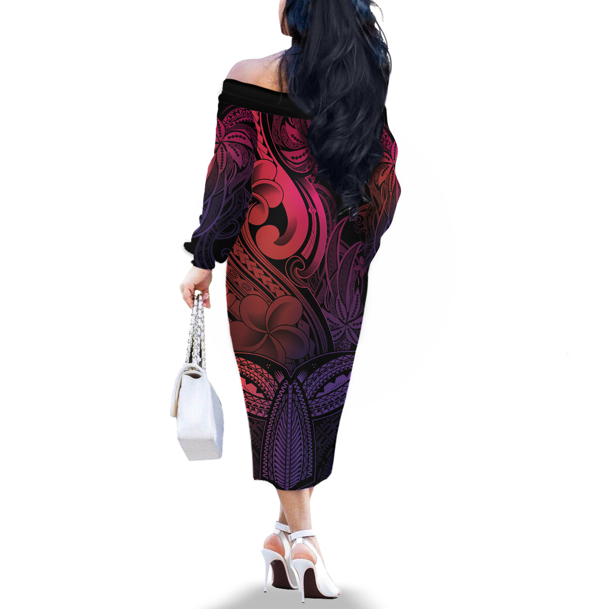 Polynesia Off The Shoulder Long Sleeve Dress Whale Tale and Polynesian Sunset Plumeria Pink LT9 - Polynesian Pride