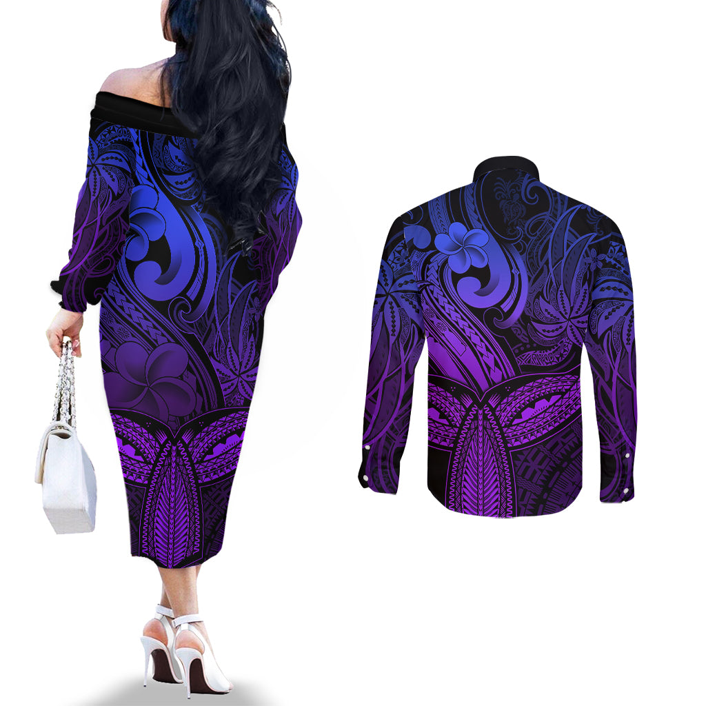 Polynesia Couples Matching Off The Shoulder Long Sleeve Dress and Long Sleeve Button Shirts Whale Tale and Polynesian Sunset Plumeria Purple LT9 - Polynesian Pride