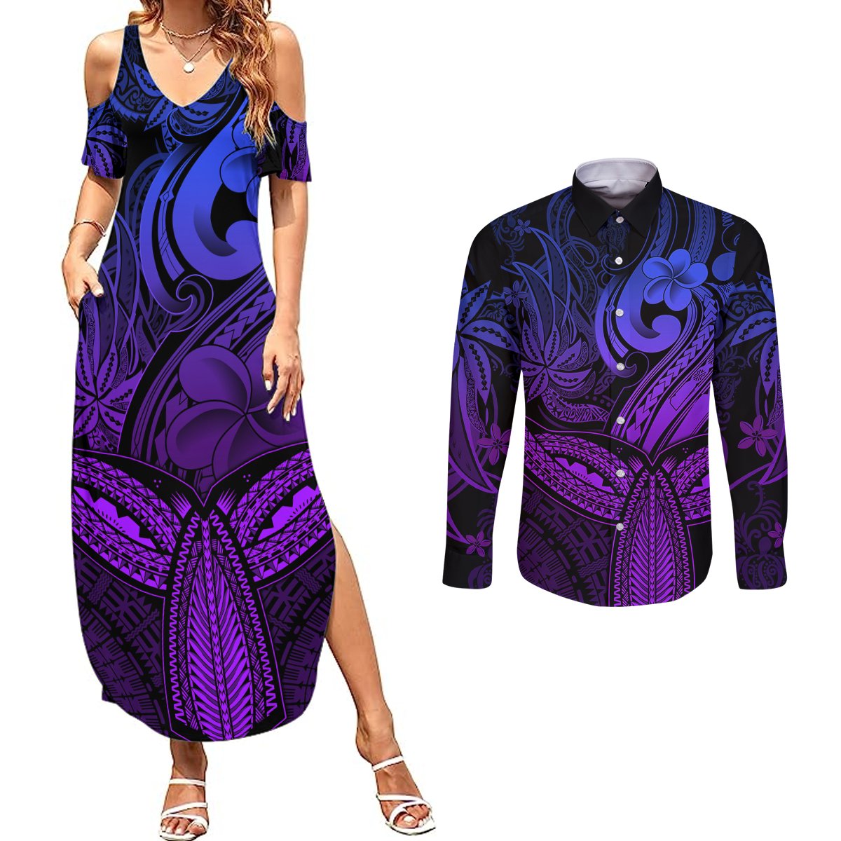 Polynesia Couples Matching Summer Maxi Dress and Long Sleeve Button Shirts Whale Tale and Polynesian Sunset Plumeria Purple LT9 Purple - Polynesian Pride