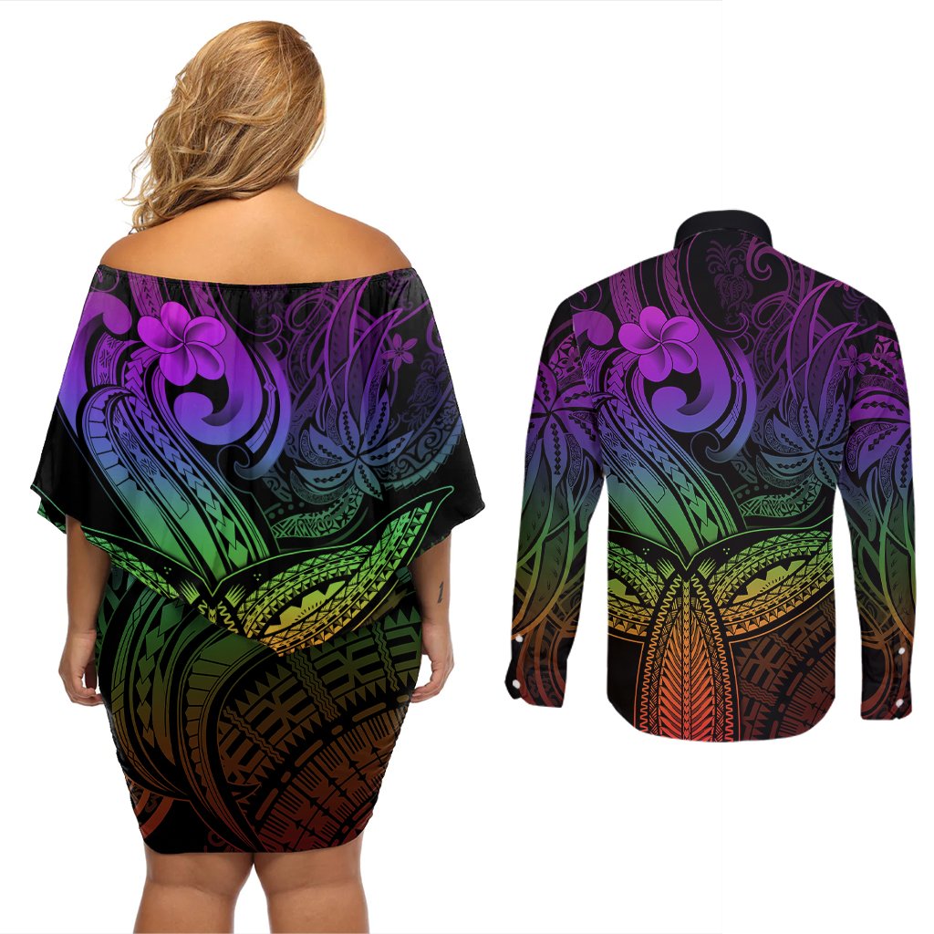 Polynesia Couples Matching Off Shoulder Short Dress and Long Sleeve Button Shirts Whale Tale and Polynesian Sunset Plumeria Rainbow LT9 - Polynesian Pride