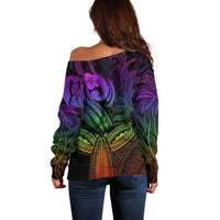 Polynesia Off Shoulder Sweater Whale Tale and Polynesian Sunset Plumeria Rainbow LT9 - Polynesian Pride
