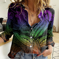 Polynesia Women Casual Shirt Whale Tale and Polynesian Sunset Plumeria Rainbow LT9 Female Rainbow - Polynesian Pride