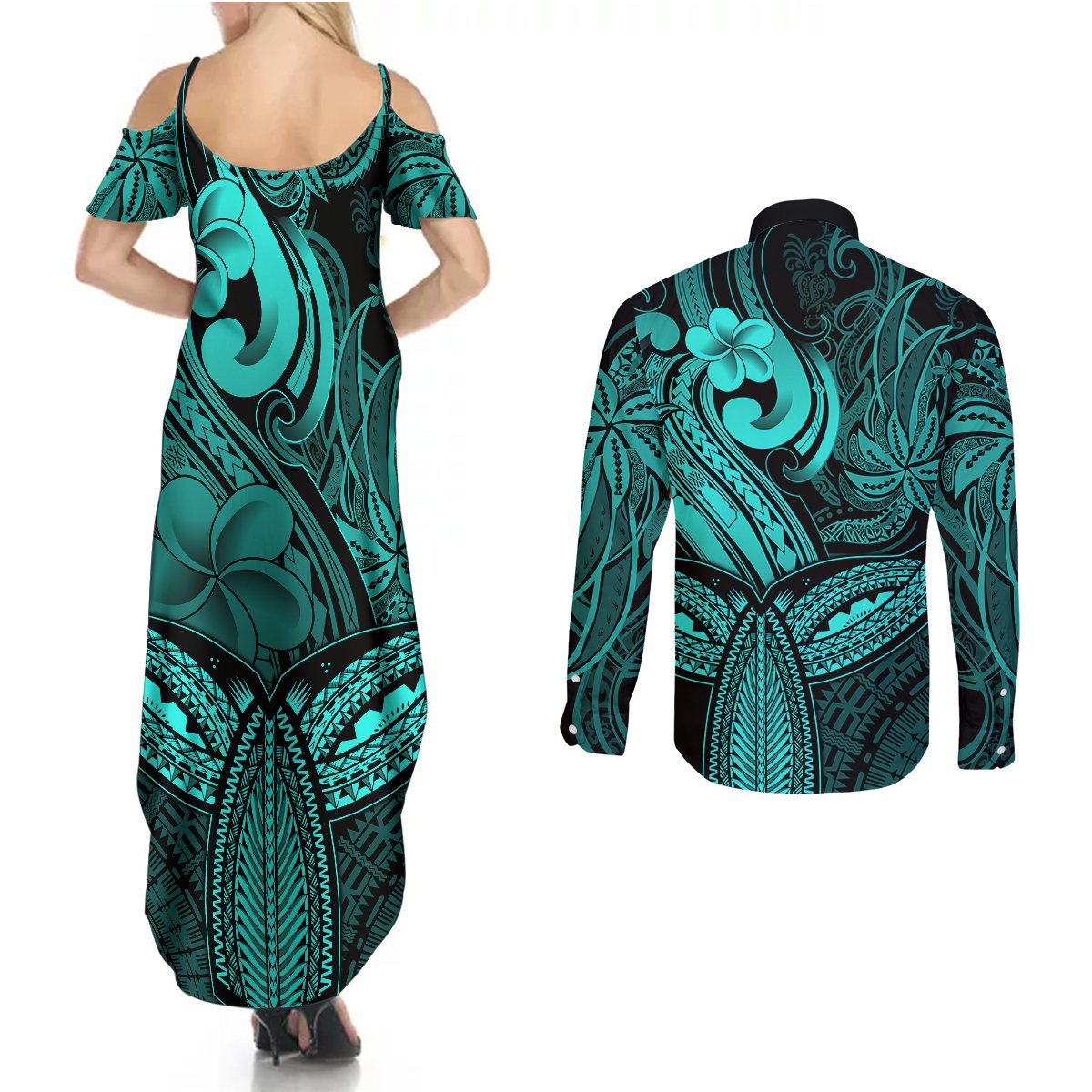 Polynesia Couples Matching Summer Maxi Dress and Long Sleeve Button Shirts Whale Tale and Polynesian Sunset Plumeria Turquoise LT9 - Polynesian Pride