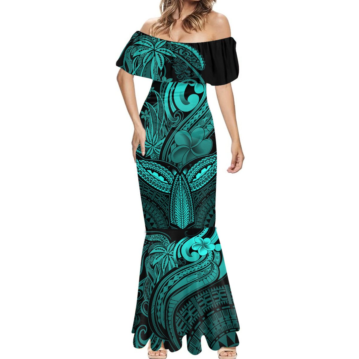 Polynesia Mermaid Dress Whale Tale and Polynesian Sunset Plumeria Turquoise LT9 - Polynesian Pride