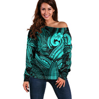 Polynesia Off Shoulder Sweater Whale Tale and Polynesian Sunset Plumeria Turquoise LT9 Women Turquoise - Polynesian Pride