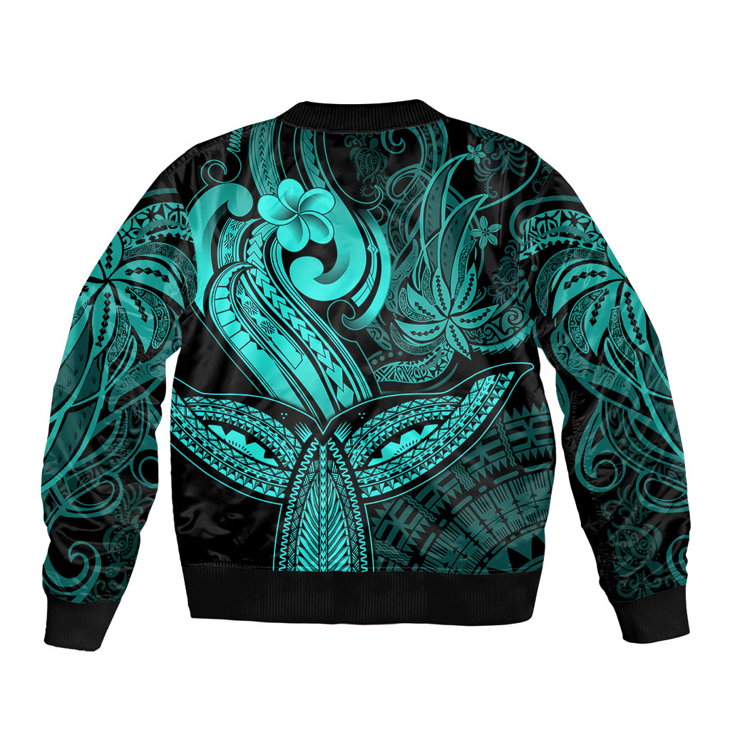 Polynesia Sleeve Zip Bomber Jacket Whale Tale and Polynesian Sunset Plumeria Turquoise LT9 - Polynesian Pride