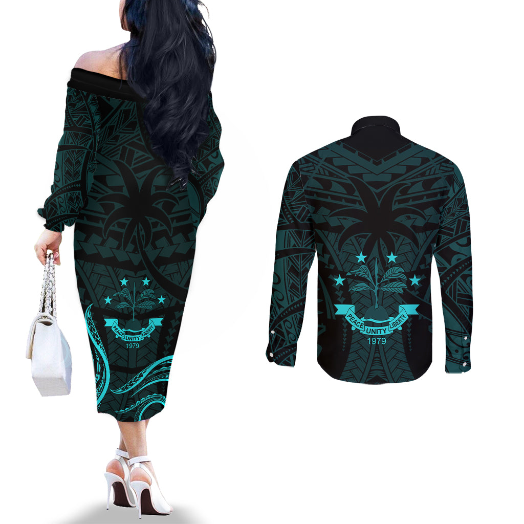 FSM Chuuk States Couples Matching Off The Shoulder Long Sleeve Dress and Long Sleeve Button Shirts Micronesia Vintage Polynesian Tribal Aqua Version LT9 - Polynesian Pride
